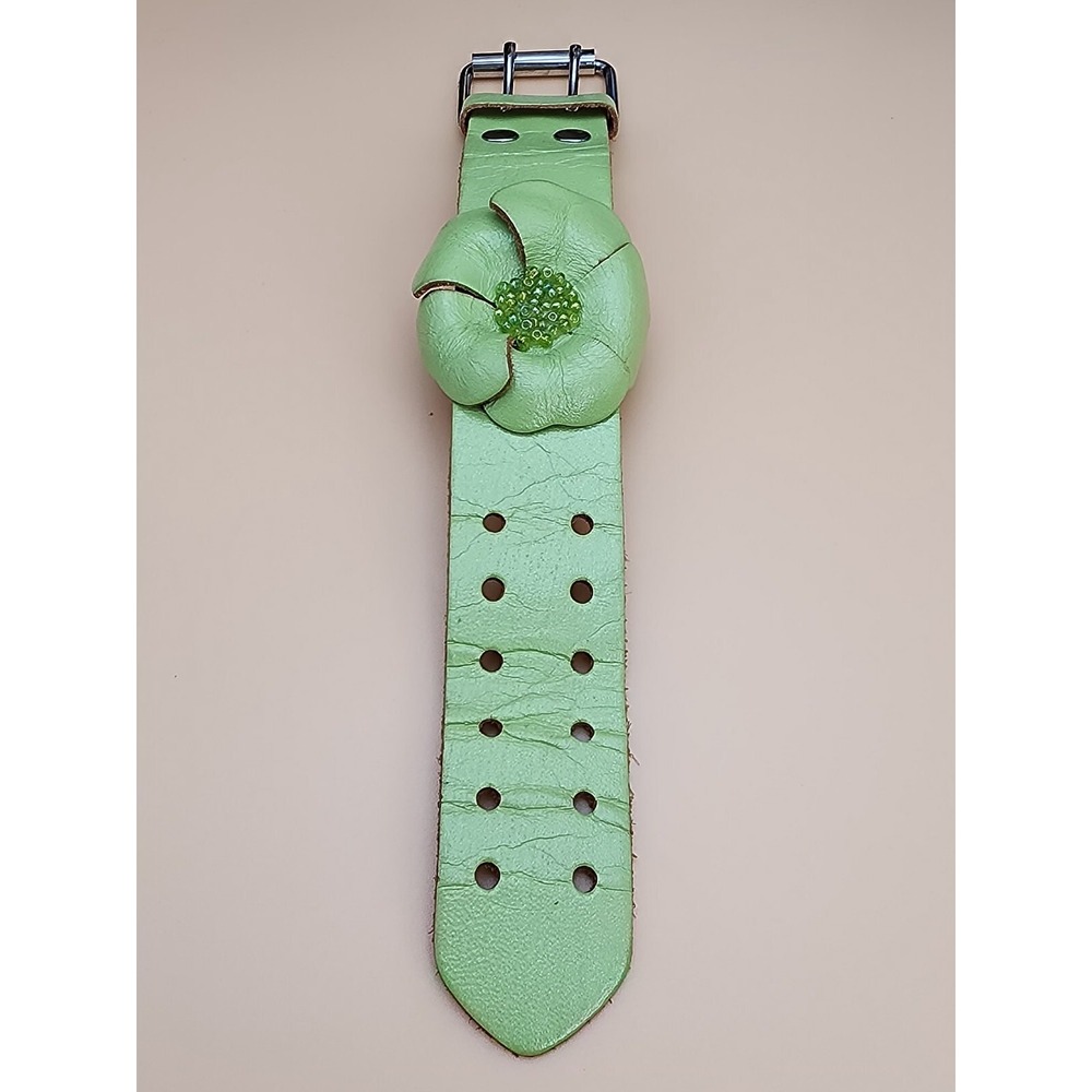 Saks Fifth Ave CYNTHIA H DESIGNS Signed Lime Green Wide‎ Leather Flower Bracelet